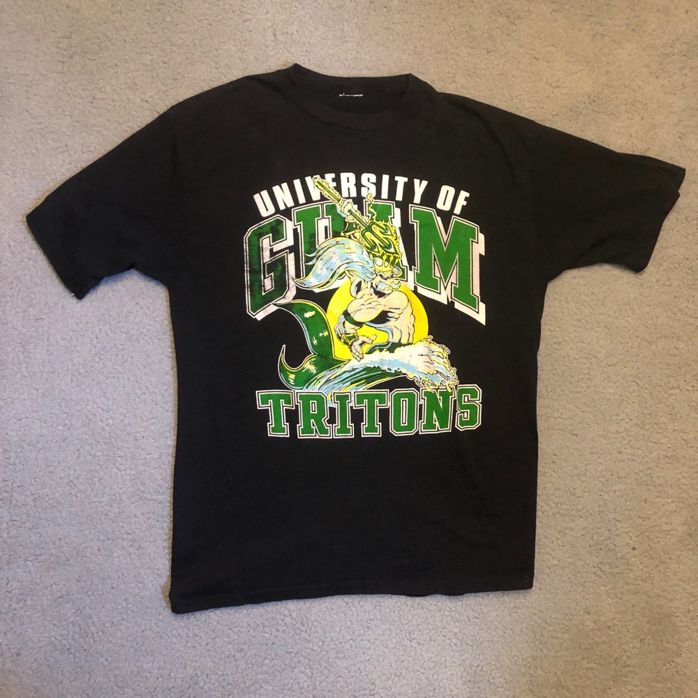 Vtg University of Guam Tritons T-Shirt Black Large Graphic Tee Mascot Cotton